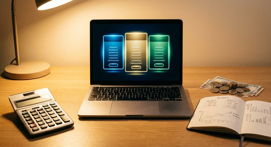 Calcul du budget Shopify avec calculatrice et laptop