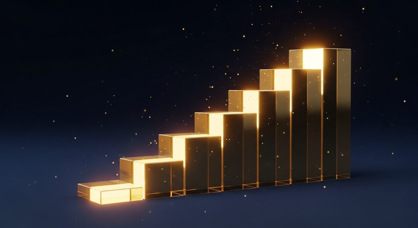 Sept blocs dorés ascendants en escalier sur fond navy : illustration des étapes pour démarrer une activité dropshipping pas à pas