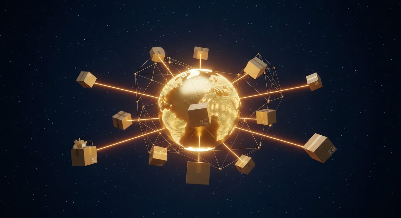 Globe doré entouré de colis flottants connectés par des faisceaux lumineux sur fond navy étoilé : illustration globale du dropshipping comme modèle commercial sans stock