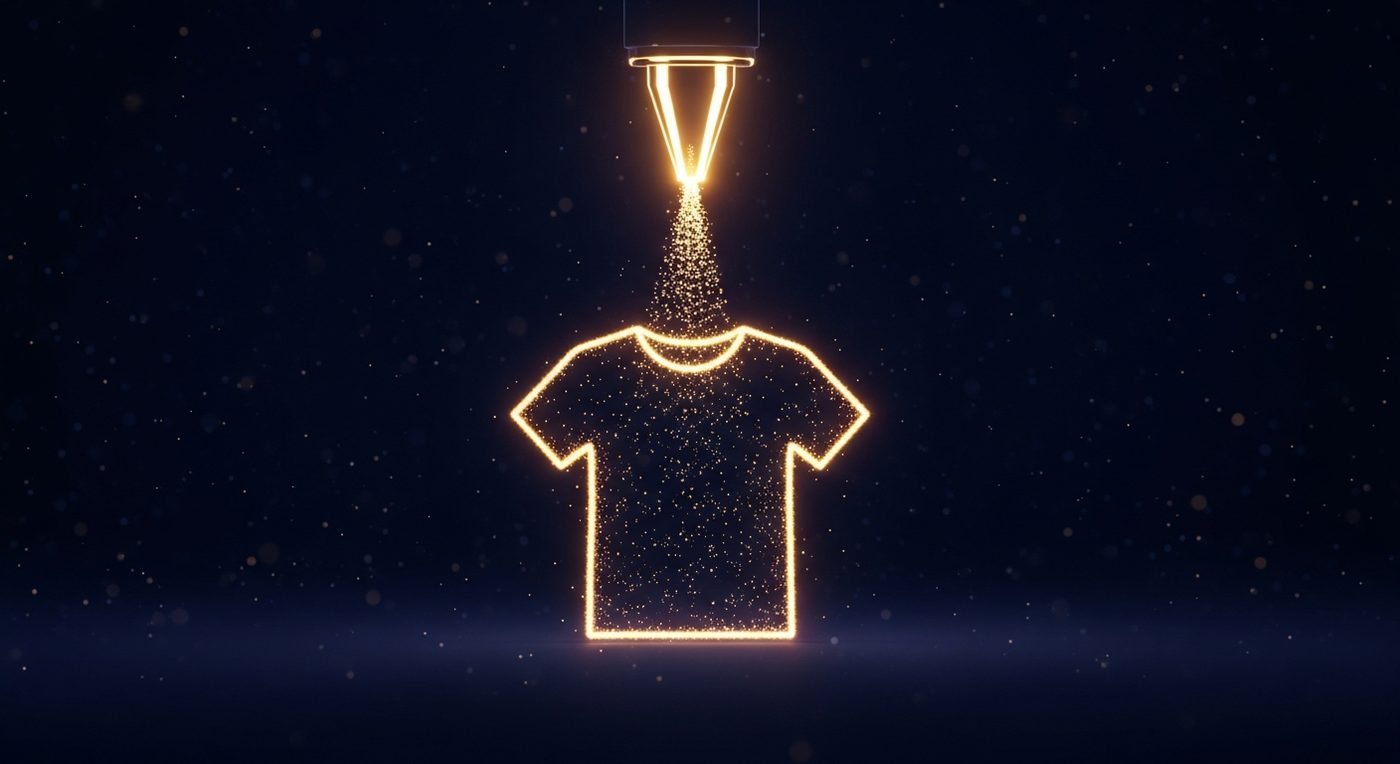 T-shirt doré créé à partir de particules de lumière avec buse de lumière dorée au-dessus sur fond navy : illustration du print-on-demand comme variante du dropshipping