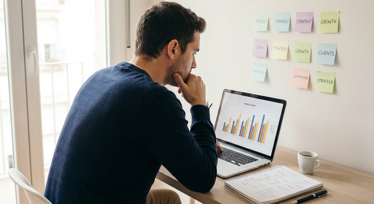 Entrepreneur analysant ses données de marché et recherches de niche dropshipping sur laptop avec sticky notes de stratégie