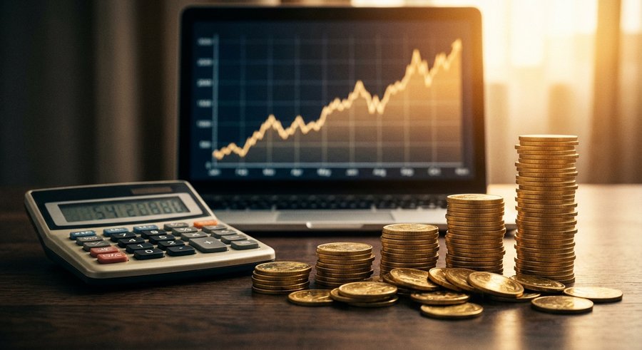 Professional photograph of a calculator next to growing stacks of gold coins on a dark desk, profit and revenue concept, laptop showing upward graph in background, warm lighting
