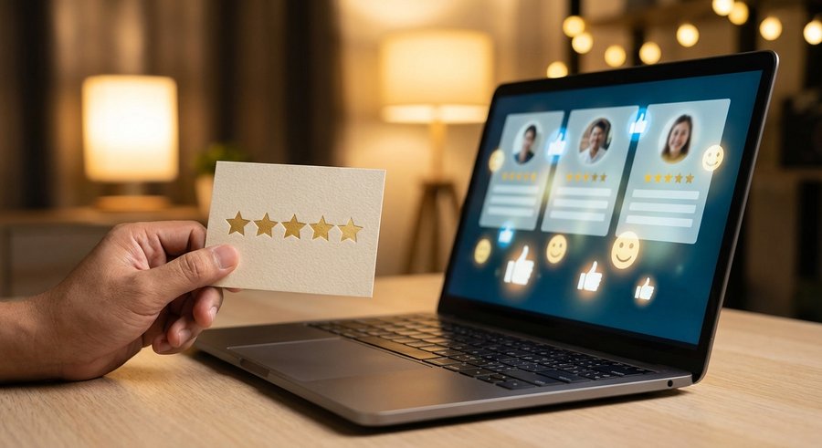 Professional photograph of a five star review card being held next to a laptop showing positive customer testimonials, trust and credibility concept, warm lighting