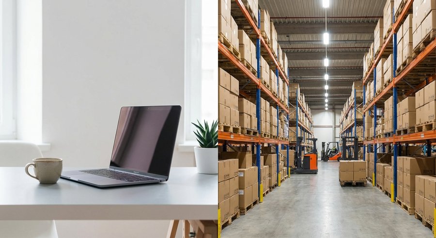 Professional photograph of a split scene, left side showing empty desk with laptop for dropshipping, right side showing a warehouse full of stacked boxes for stock, comparison concept