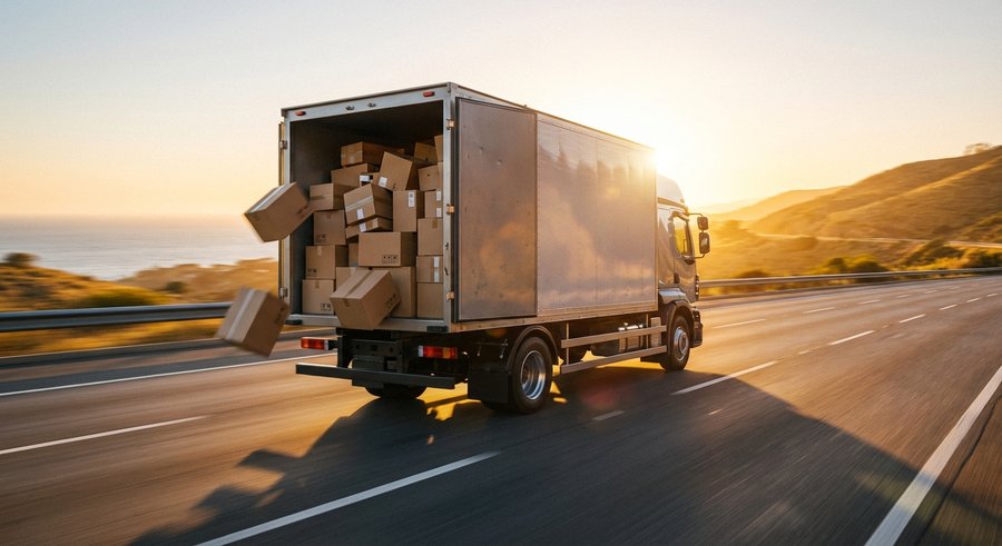 Professional photograph of a delivery truck loaded with cardboard packages driving fast on a highway, motion blur effect, fast shipping concept, warm golden sunset lighting