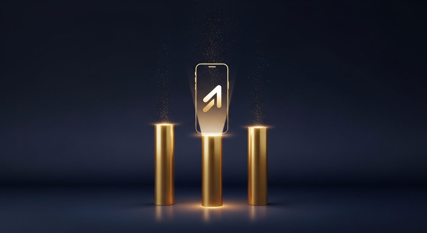 Trois piliers gold soutenant un smartphone qui projette une flèche ascendante en lumière dorée, sur fond navy : représentation des 3 conditions à valider avant de lancer la publicité e-commerce