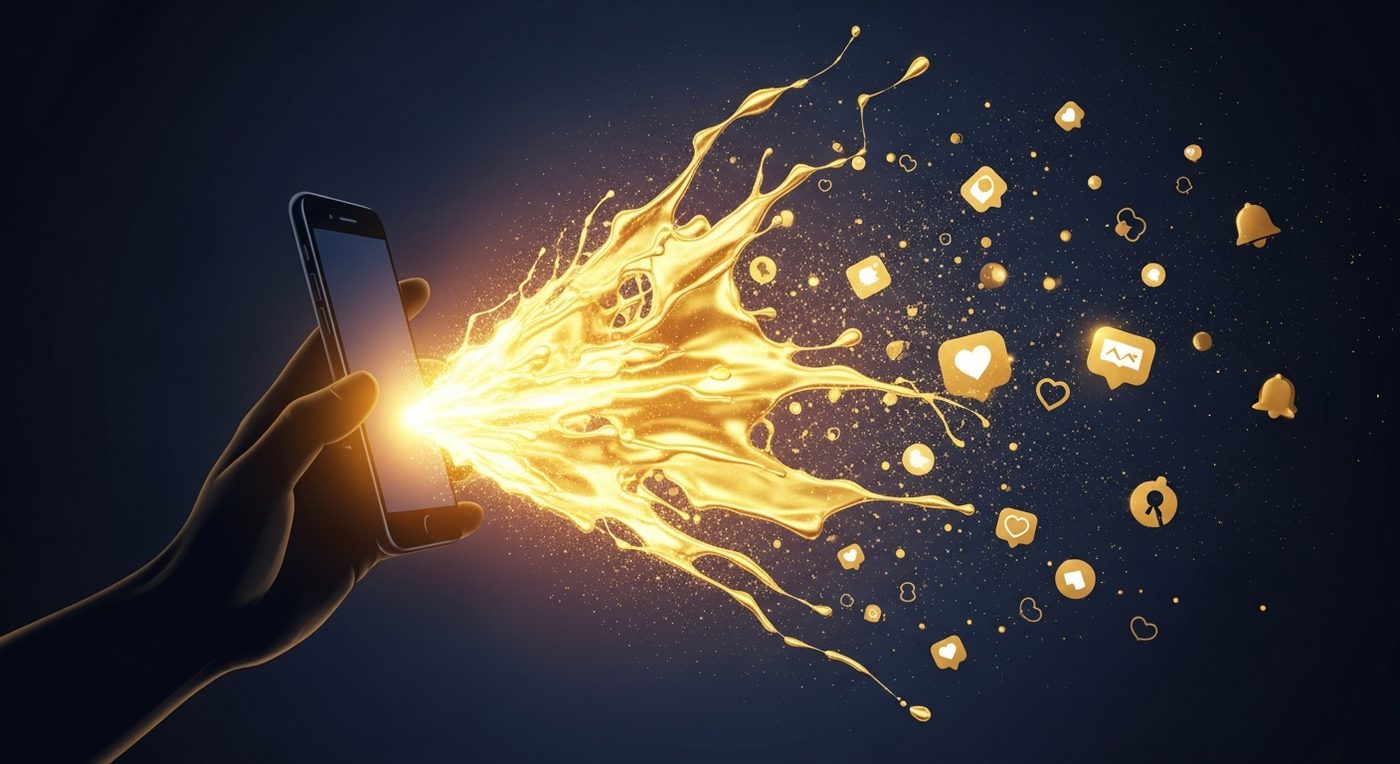 Smartphone tenu par une silhouette de main, projetant une explosion de lumière dorée vers la droite avec des icônes de cœur et engagement gold flottant : illustration d'un créatif vidéo anti-scroll qui capte l'attention sur les réseaux sociaux