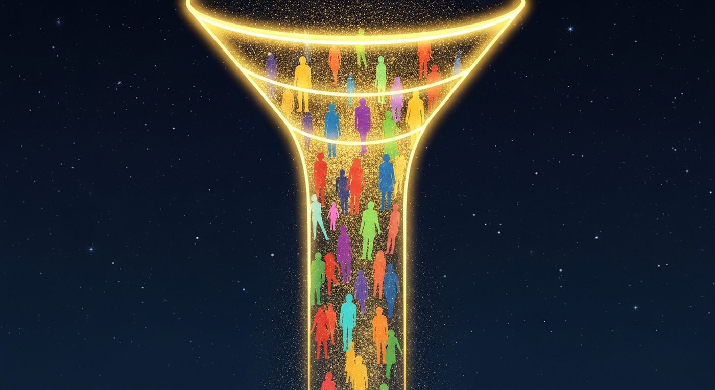 Entonnoir lumineux gold descendant avec des silhouettes humaines colorées entrant par le haut et se transformant en particules dorées vers le bas, sur fond navy étoilé : illustration du funnel acquisition et retargeting en publicité e-commerce