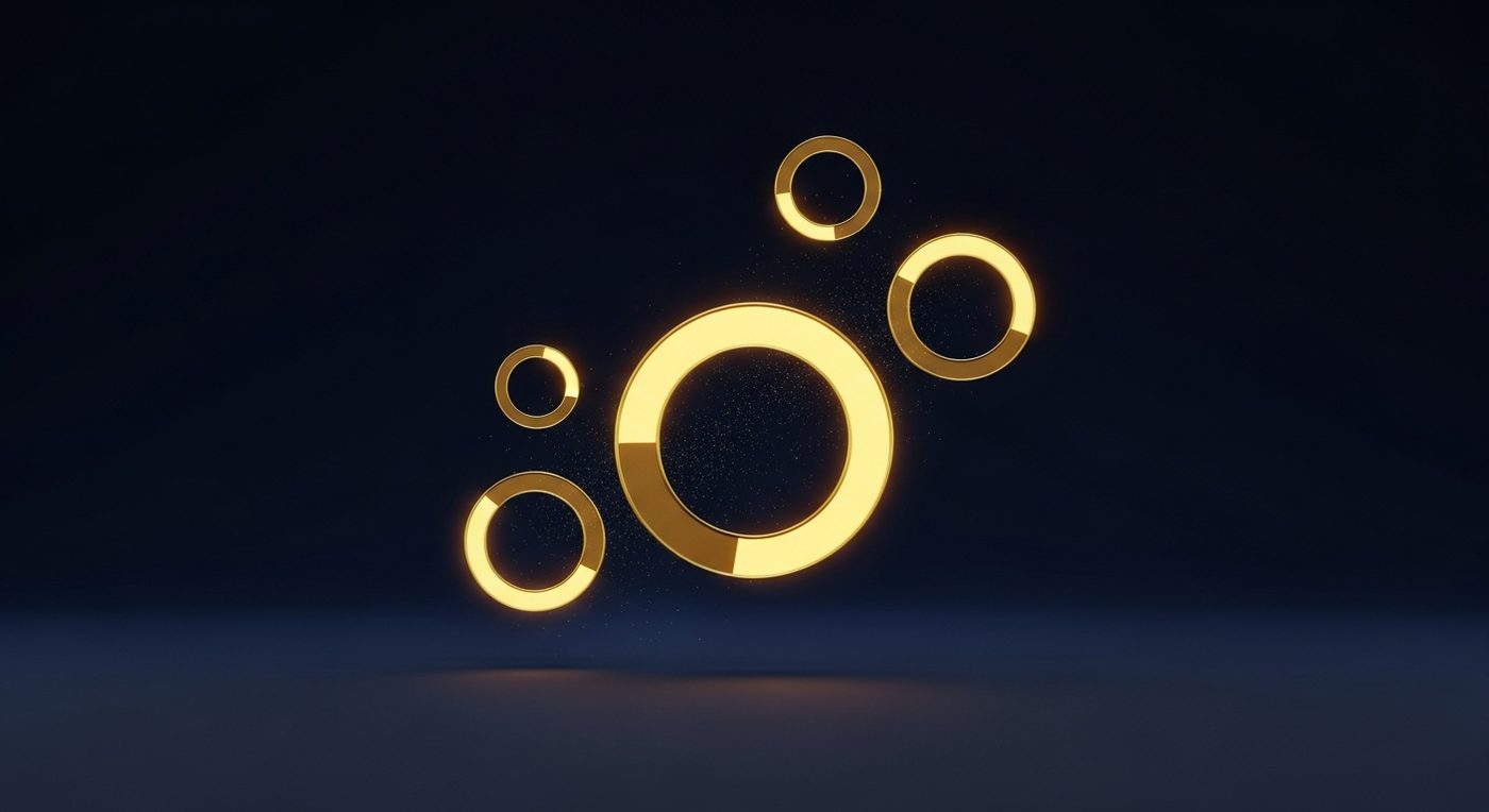 Cinq anneaux gold lumineux de tailles différentes flottant sur fond navy, remplis à différents pourcentages avec effet de particules dorées : représentation abstraite d'un dashboard de KPIs publicitaires (ROAS, CPA, CTR, CPM, fréquence)