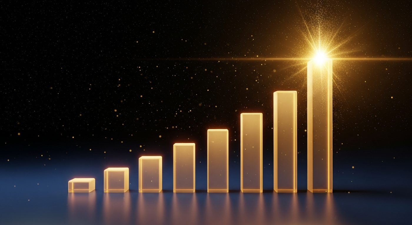 Sept barres dorées ascendantes en escalier de gauche à droite, avec une explosion lumineuse au sommet de la dernière barre, sur fond navy étoilé : illustration de la méthode de scaling progressif d'une campagne publicitaire rentable