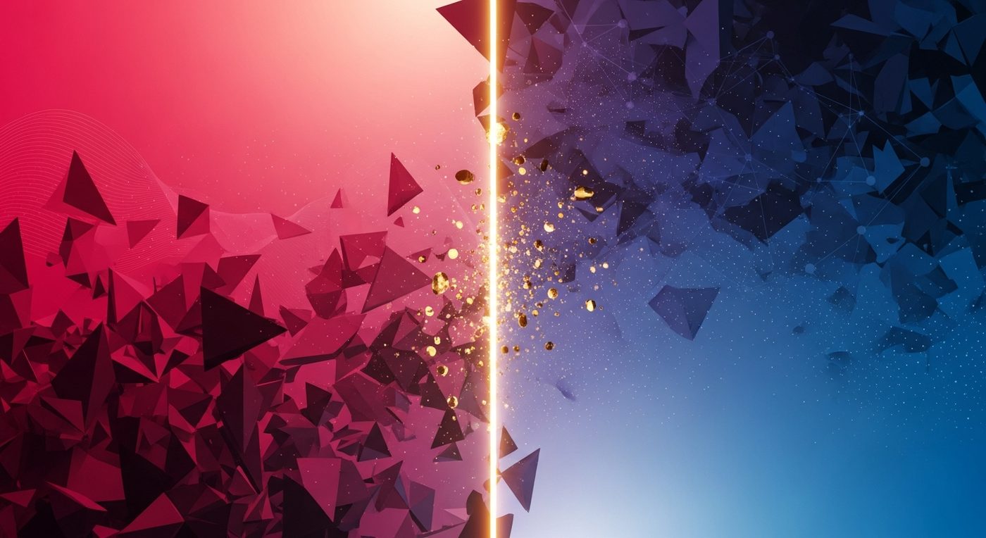 Composition split-screen abstraite avec moitié gauche en dégradé rose et rouge énergique évoquant TikTok et moitié droite en dégradé bleu et violet plus posé évoquant Meta, séparées par une ligne lumineuse gold : illustration du choix de régie publicitaire