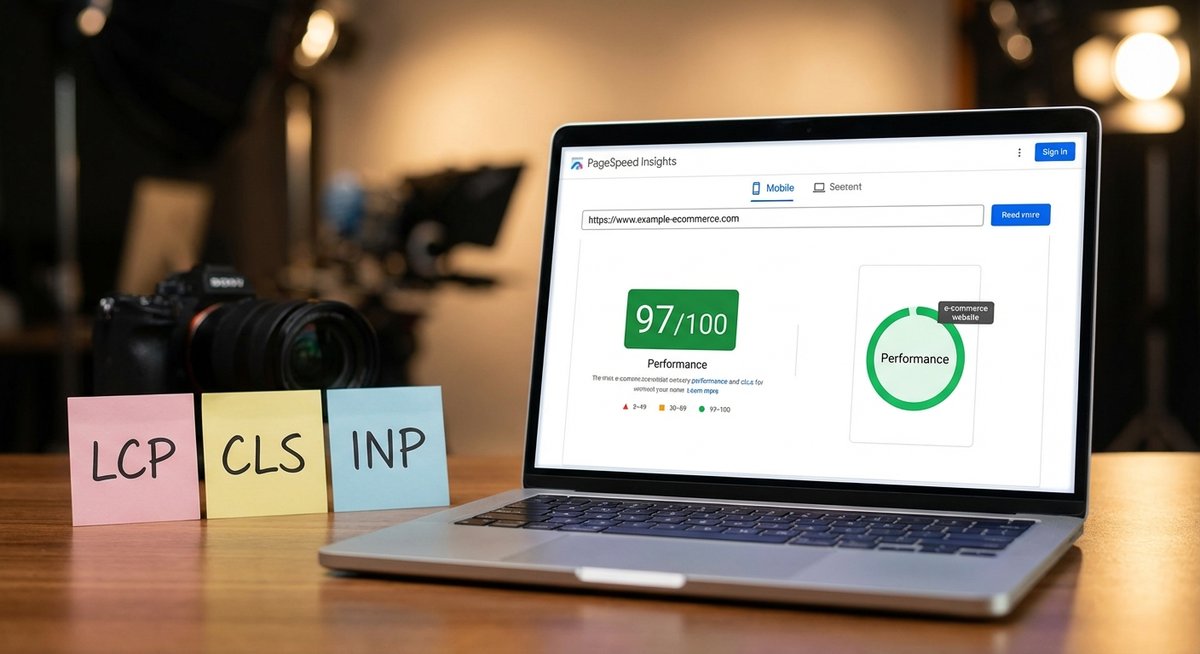 Score PageSpeed Insights 97/100 avec les métriques LCP, CLS et INP affichées sur un laptop — critères de choix d'un thème Shopify performant
