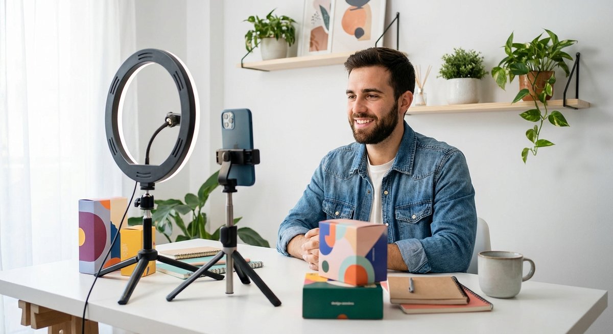 Création de vidéo publicitaire pour TikTok Ads avec ring light et smartphone — setup home studio pour e-commerce
