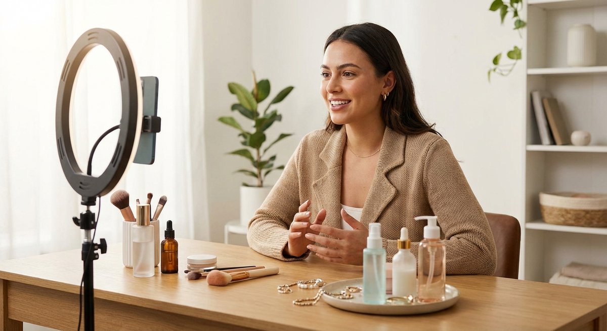 Créatrice en live shopping TikTok depuis son studio home office — ring light, produits beauté, atmosphère professionnelle