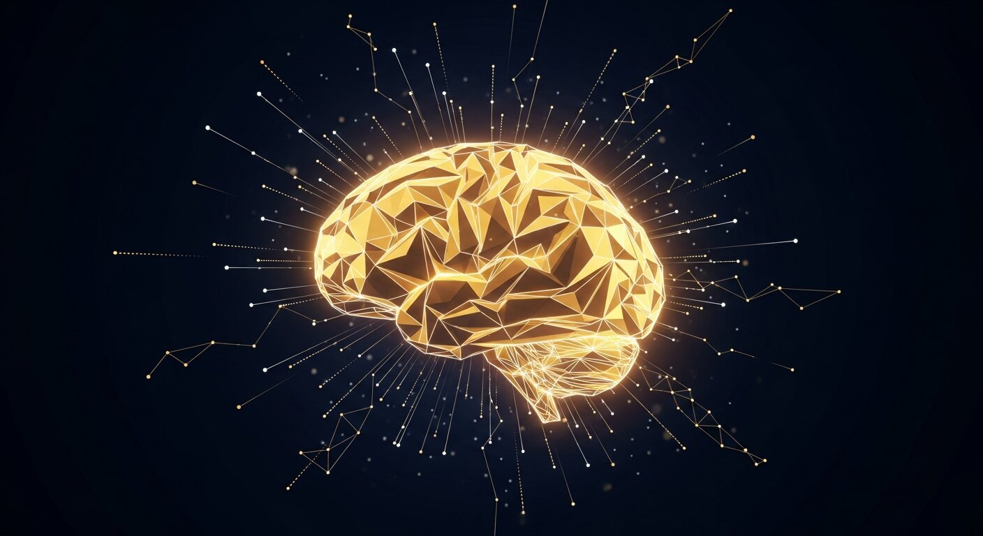 Cerveau low-poly doré rayonnant avec réseau neuronal pour expliquer l'intelligence artificielle