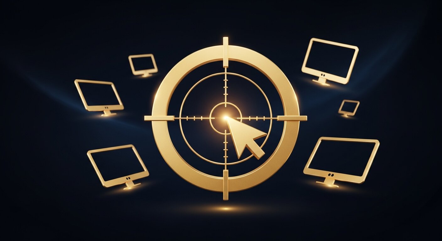 Cible dorée avec curseur et écrans publicitaires pour lancer une campagne Facebook Ads