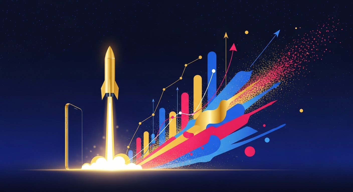 Fusée gold décollant d'un smartphone et explosion de graphiques de croissance roses, bleus et or sur fond navy : illustration du passage du organique à la publicité TikTok Ads et Meta Ads