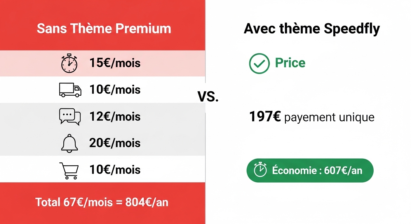 Comparatif coût mensuel applications Shopify vs thème Speedfly paiement unique 197€