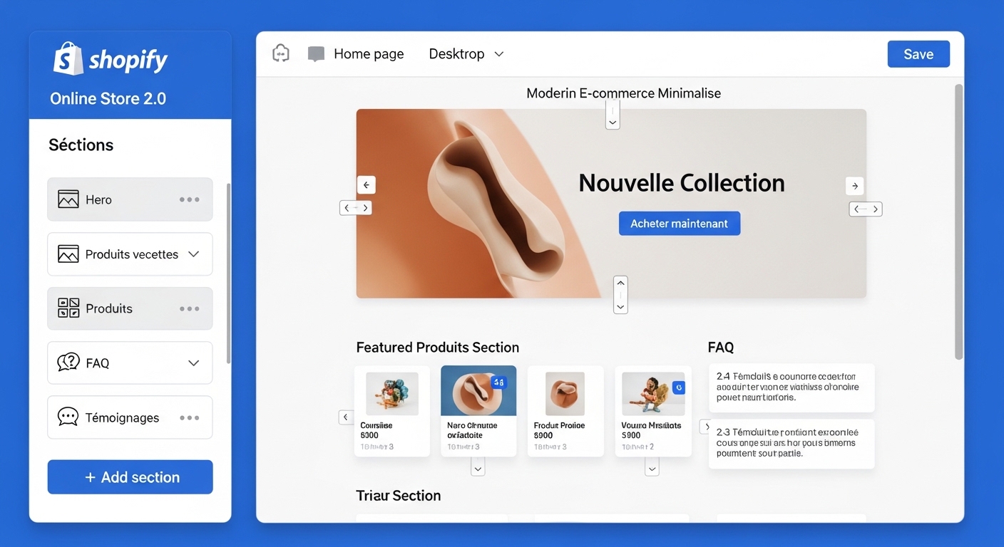 Interface de l'éditeur Shopify Online Store 2.0 avec sections personnalisables