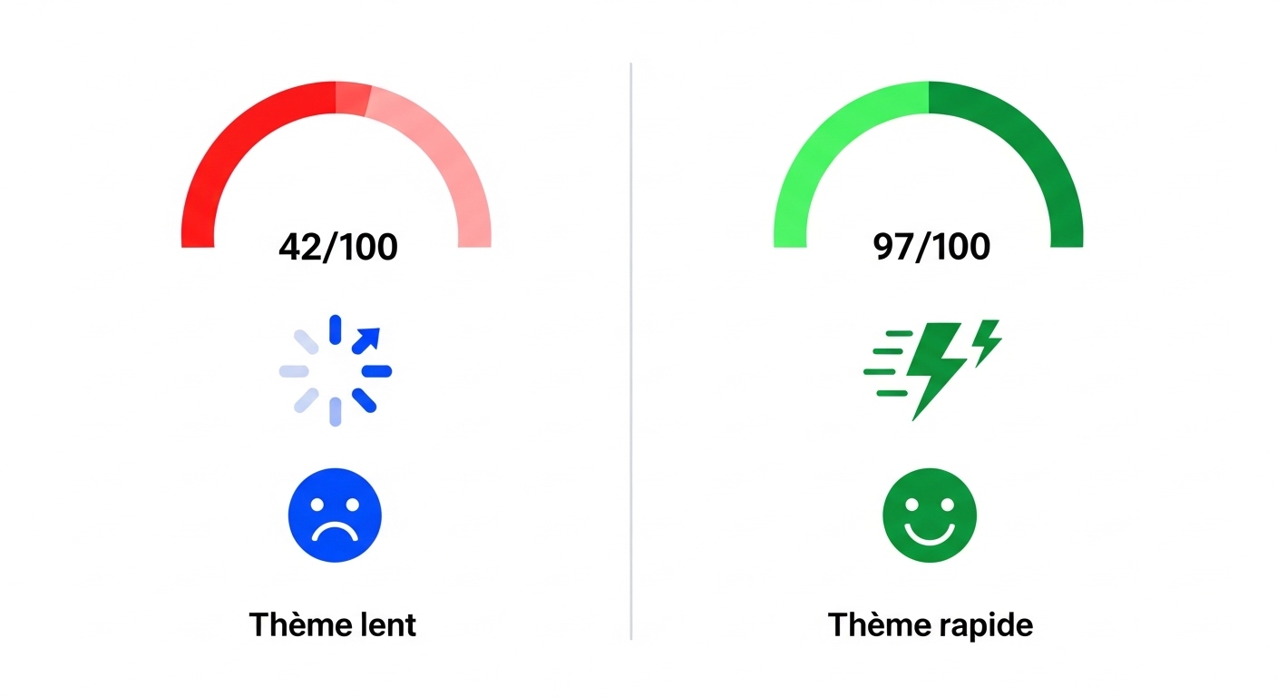Comparaison score performance thème Shopify lent (42/100) vs thème rapide (97/100)