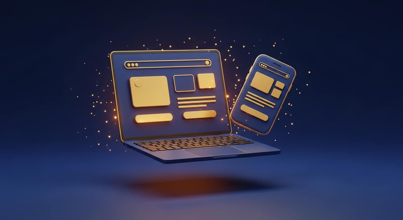 Meilleur thème Shopify : boutique e-commerce affichée sur laptop et smartphone avec dégradé bleu violet