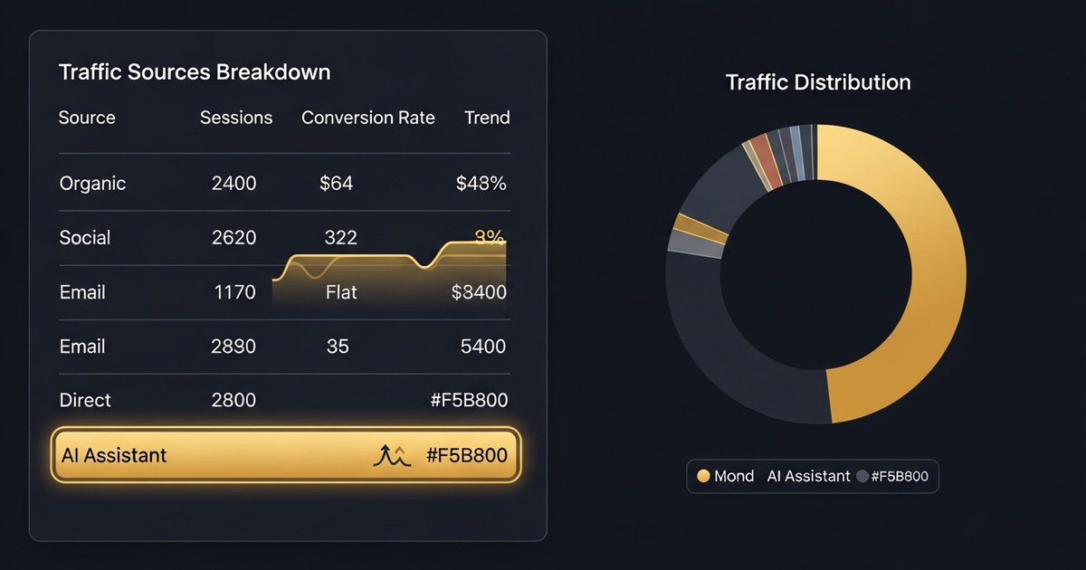 Dashboard Shopify Analytics montrant les sources de trafic avec une ligne IA surlignée en or — trafic ChatGPT avec taux de conversion supérieur aux autres canaux