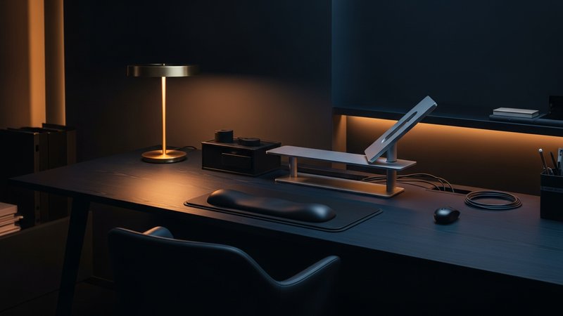 Setup bureau ergonomique minimaliste avec lampe dorée et repose-poignets