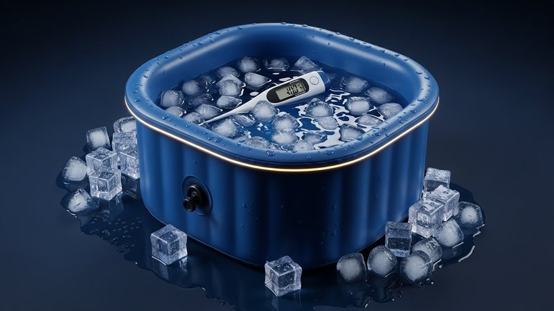 Setup cold therapy : baignoire gonflable cold plunge avec eau glacée et thermomètre flottant