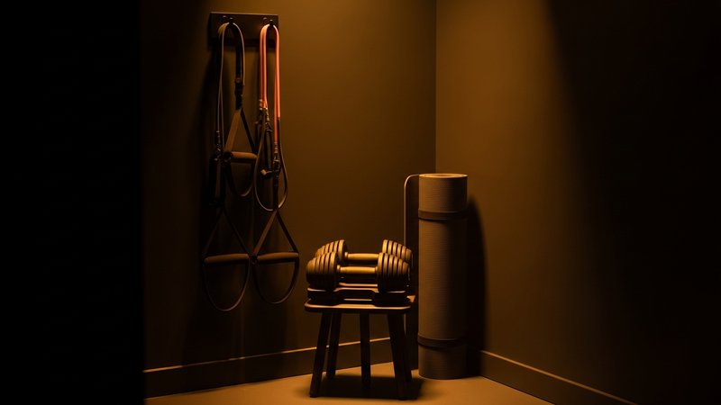 Équipement home gym compact dans un coin d'appartement : haltères ajustables et bandes de résistance
