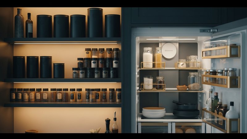 Cuisine parfaitement organisée avec étagères dark et réfrigérateur rangé, accessoires dorés