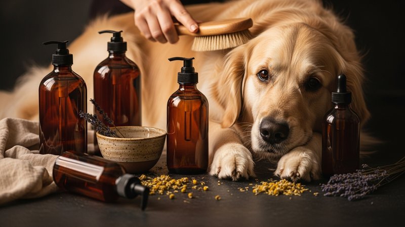 Produits naturels pour animaux : shampooings bio et brosse sur fond sombre avec golden retriever