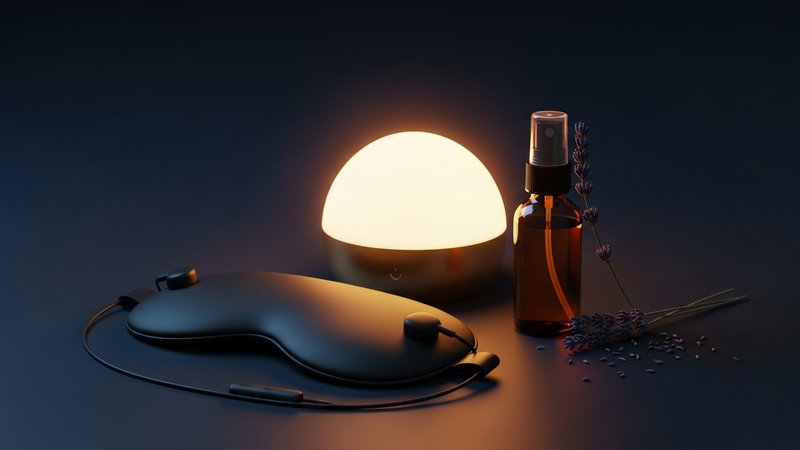 Produits sommeil naturel : masque de sommeil avec écouteurs, lampe réveil simulateur d'aube et spray lavande