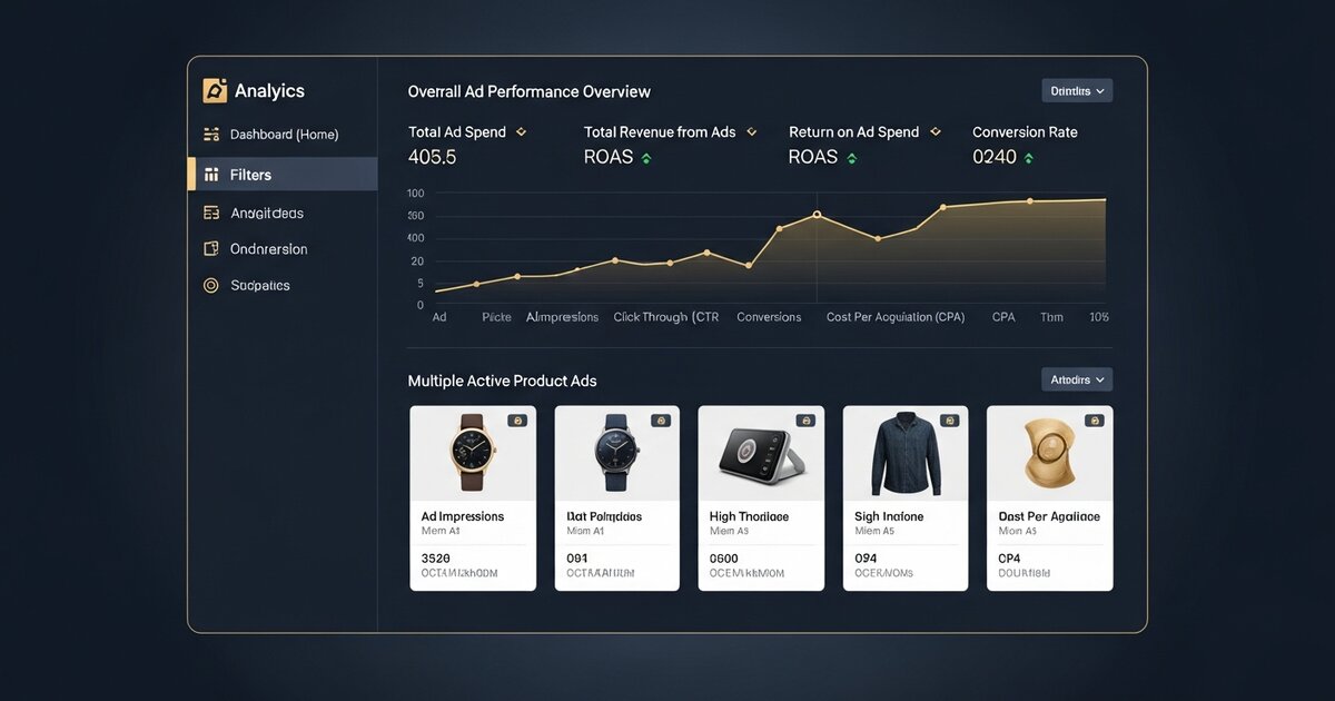 Tableau de bord TrendTrack montrant des publicités actives sur une niche e-commerce