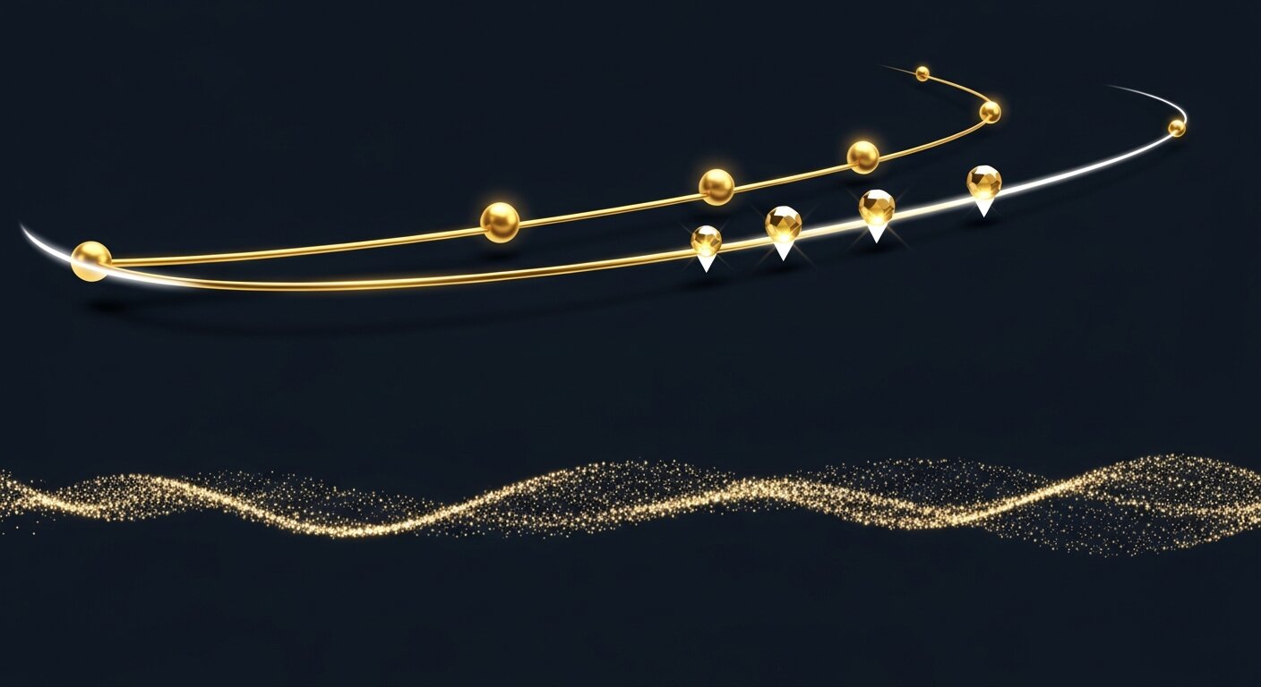 Chemin doré avec étapes du parcours client e-commerce, du premier contact à l'achat