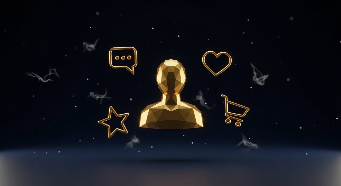 Avatar client doré polygonal entouré d'icônes e-commerce pour créer son persona client idéal
