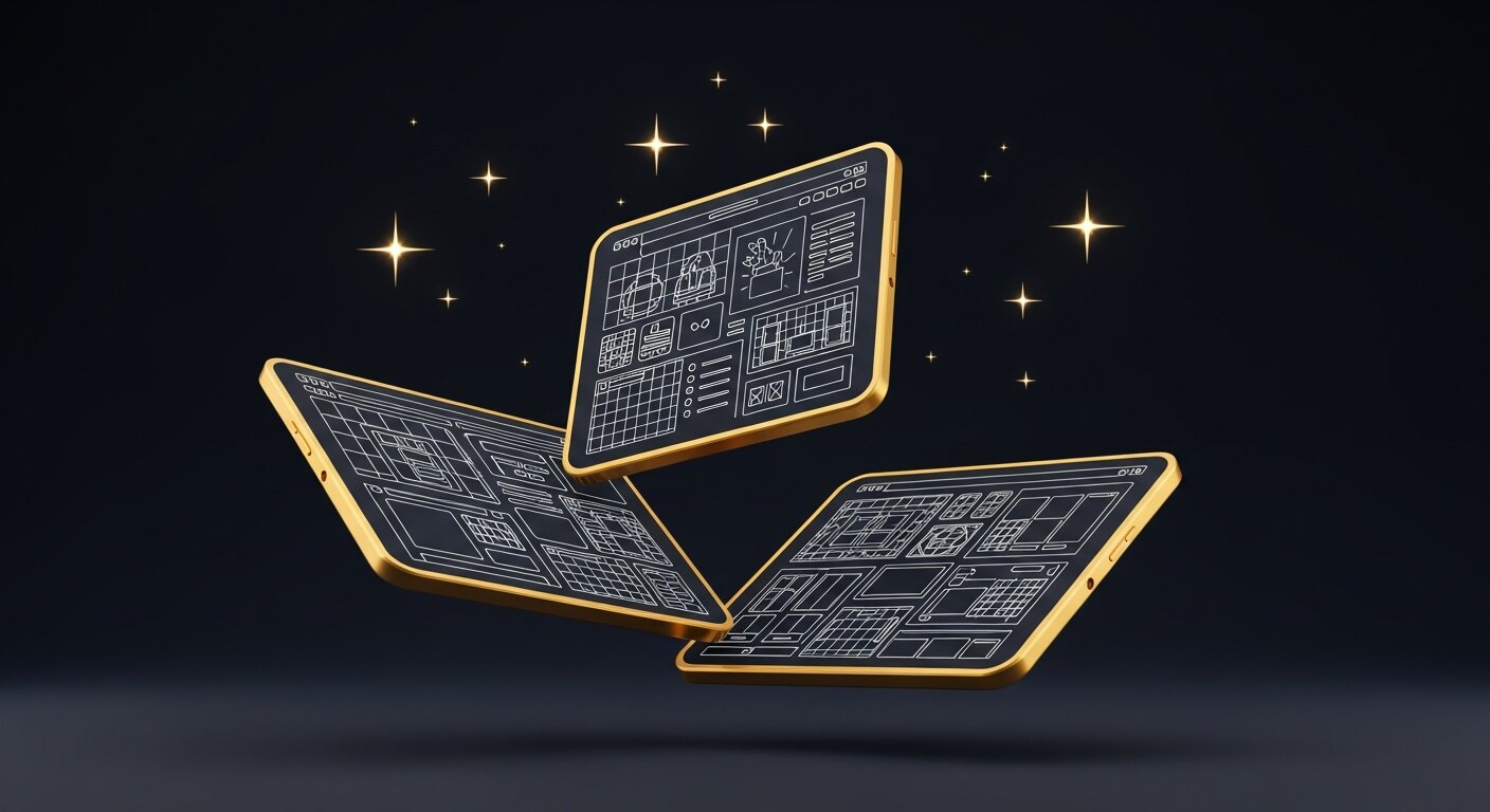 Trois écrans dorés flottants avec wireframes de boutiques Shopify et étoiles pour les plus belles boutiques