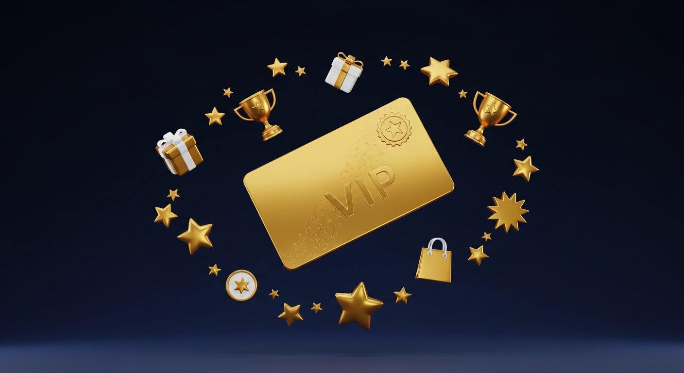 Carte VIP dorée entourée d'étoiles, trophées et cadeaux pour un programme de fidélité e-commerce