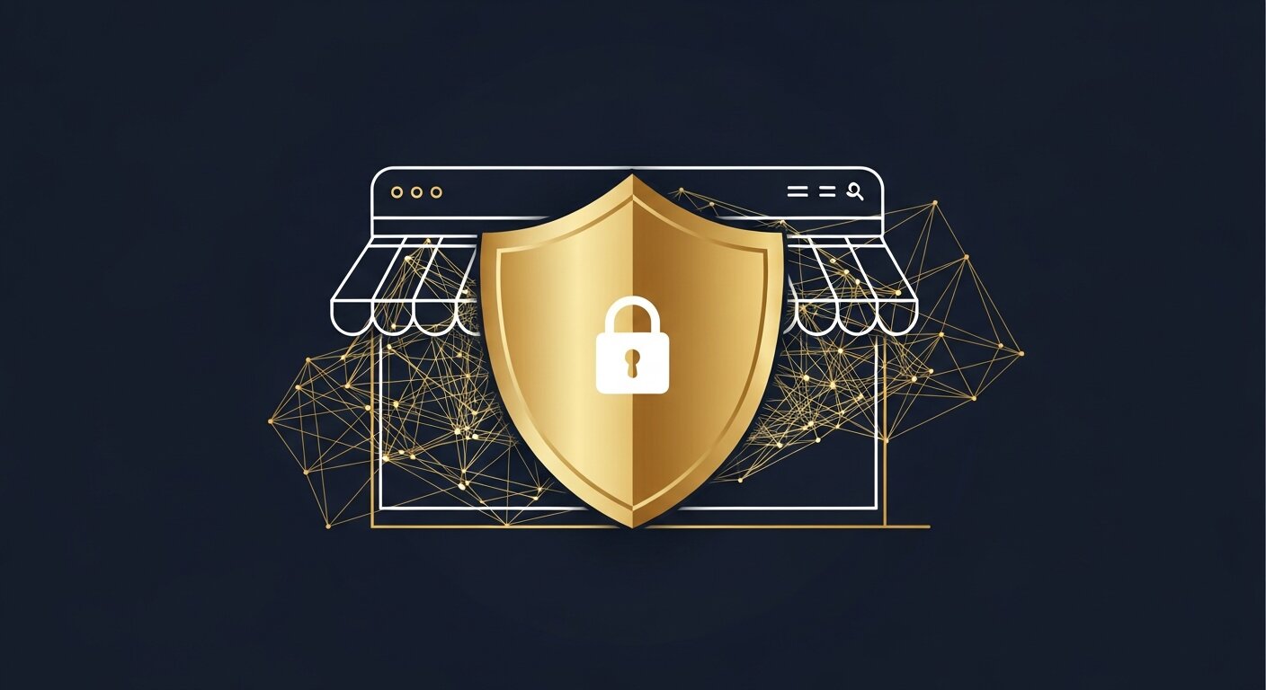 Bouclier doré avec cadenas protégeant le contenu d'une boutique Shopify