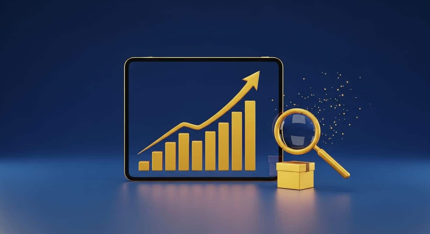 Tableau de bord navy et or : volumes de recherche et demande de marché pour valider une niche e-commerce