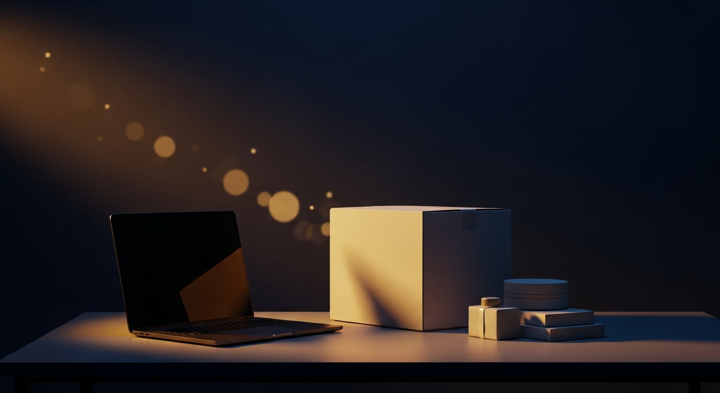 Espace de travail e-commerce lumineux avec ordinateur portable et carton de produit, ambiance lancement de boutique en ligne
