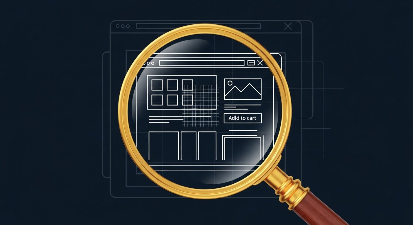 Loupe dorée examinant un wireframe de boutique Shopify sur fond navy, méthodes pour reconnaître un thème Shopify en 2026