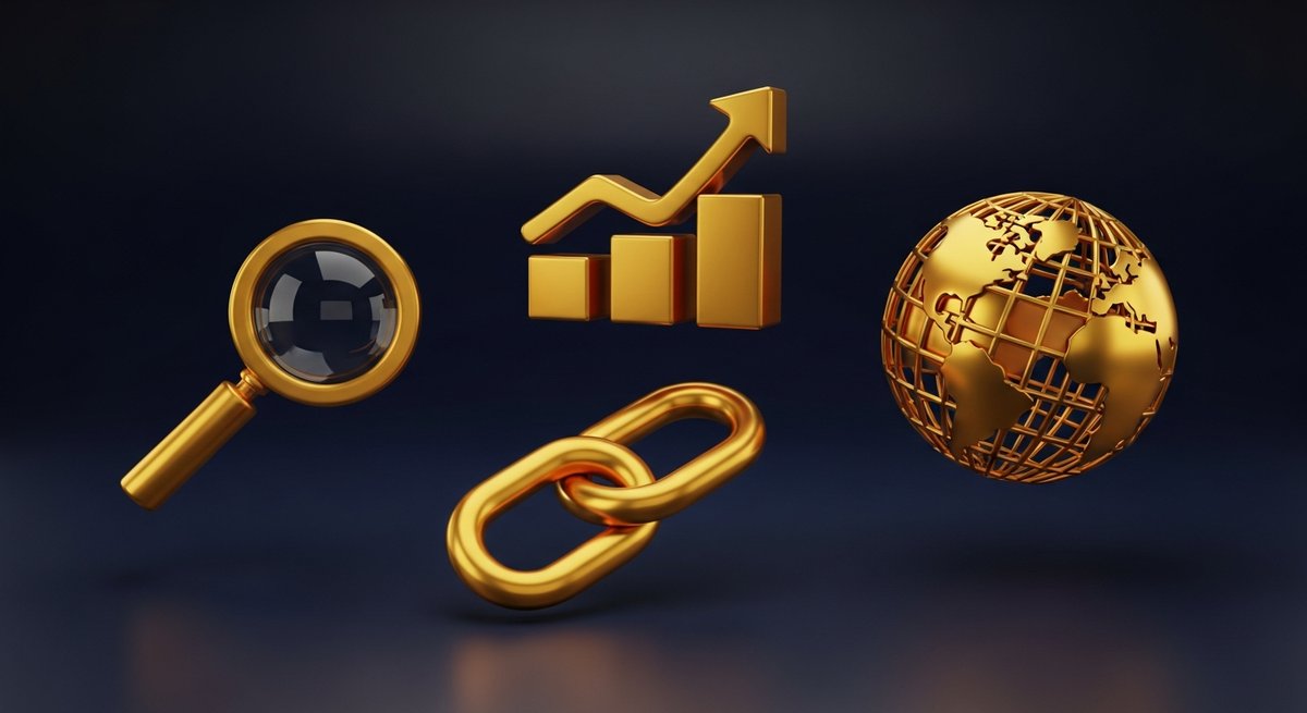 Quatre icônes dorées flottantes sur fond navy : loupe pour la recherche de mots-clés, graphique pour le suivi de positions, chaîne pour les backlinks, globe pour l'analyse internationale, illustrant les 4 features Semrush utilisées au quotidien
