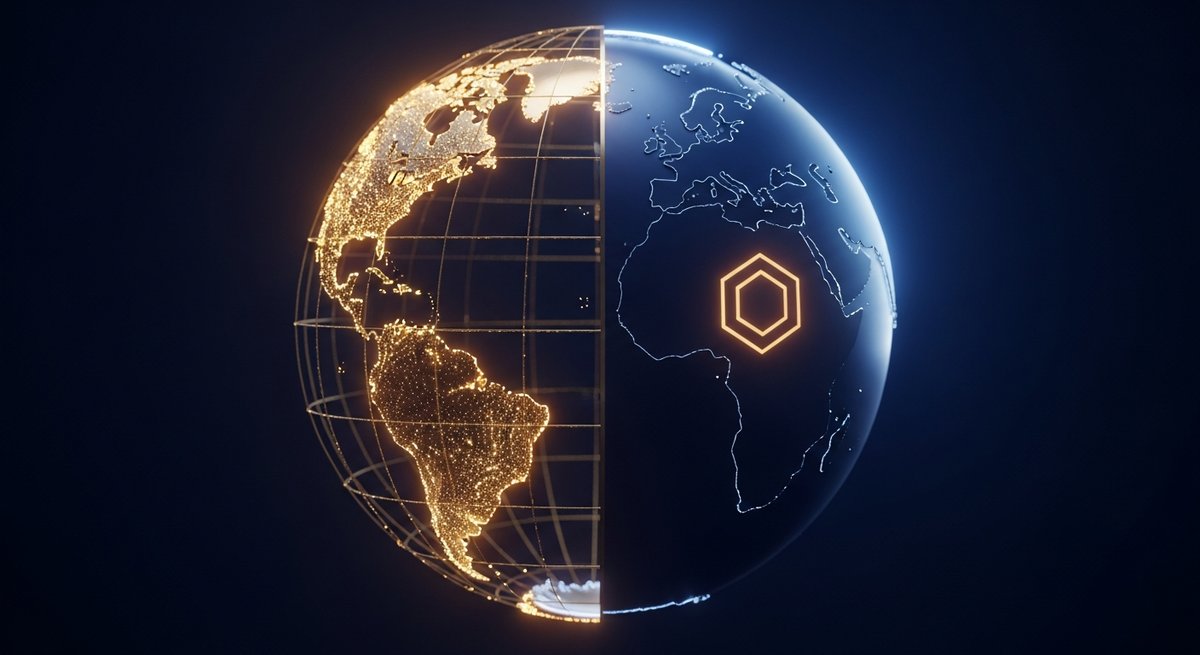 Globe terrestre 3D split en deux hémisphères sur fond navy : moitié gauche dorée pour la couverture internationale Semrush, moitié droite navy avec hexagone France doré pour Ranxplorer, illustrant la différence de couverture géographique
