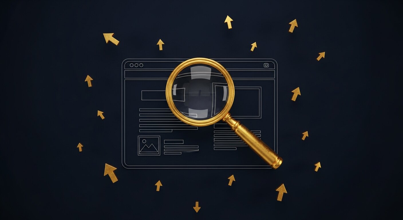 Loupe dorée sur une page web avec flèches de croissance illustrant les bases du SEO