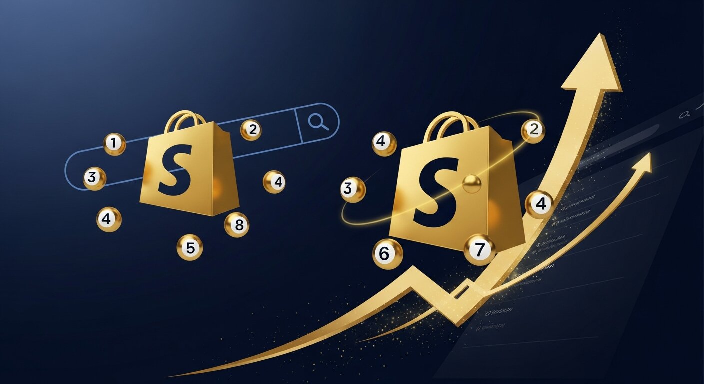 Sacs Shopify dorés avec 7 badges numérotés et flèche de croissance SEO pour boutiques Shopify