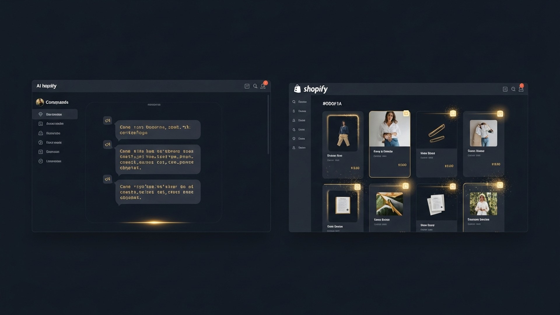 Interface IA Chat côté gauche avec commandes tapées en temps réel, et catalogue produits Shopify côté droit avec nouvelles fiches produit apparaissant automatiquement via animation dorée