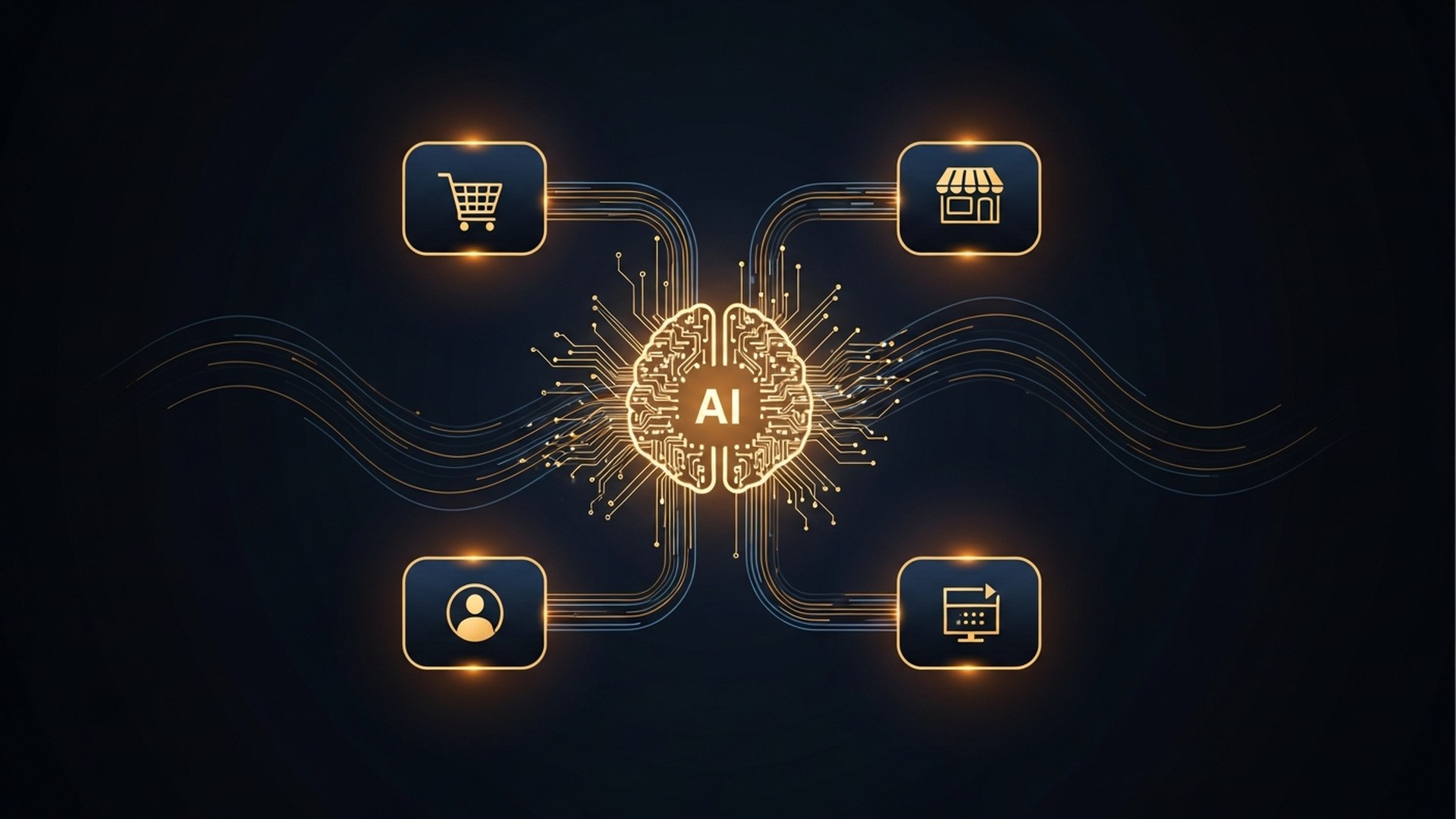 Schéma des 4 serveurs MCP Shopify , Dev, Storefront, Customer Account et Checkout, connectés à un cerveau IA central via des flux de données bleus et dorés