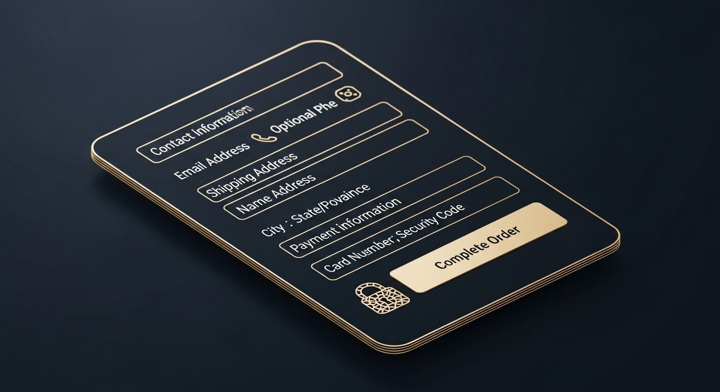 Formulaire de paiement Shopify en une page, dark navy et or, avec bouton de validation doré