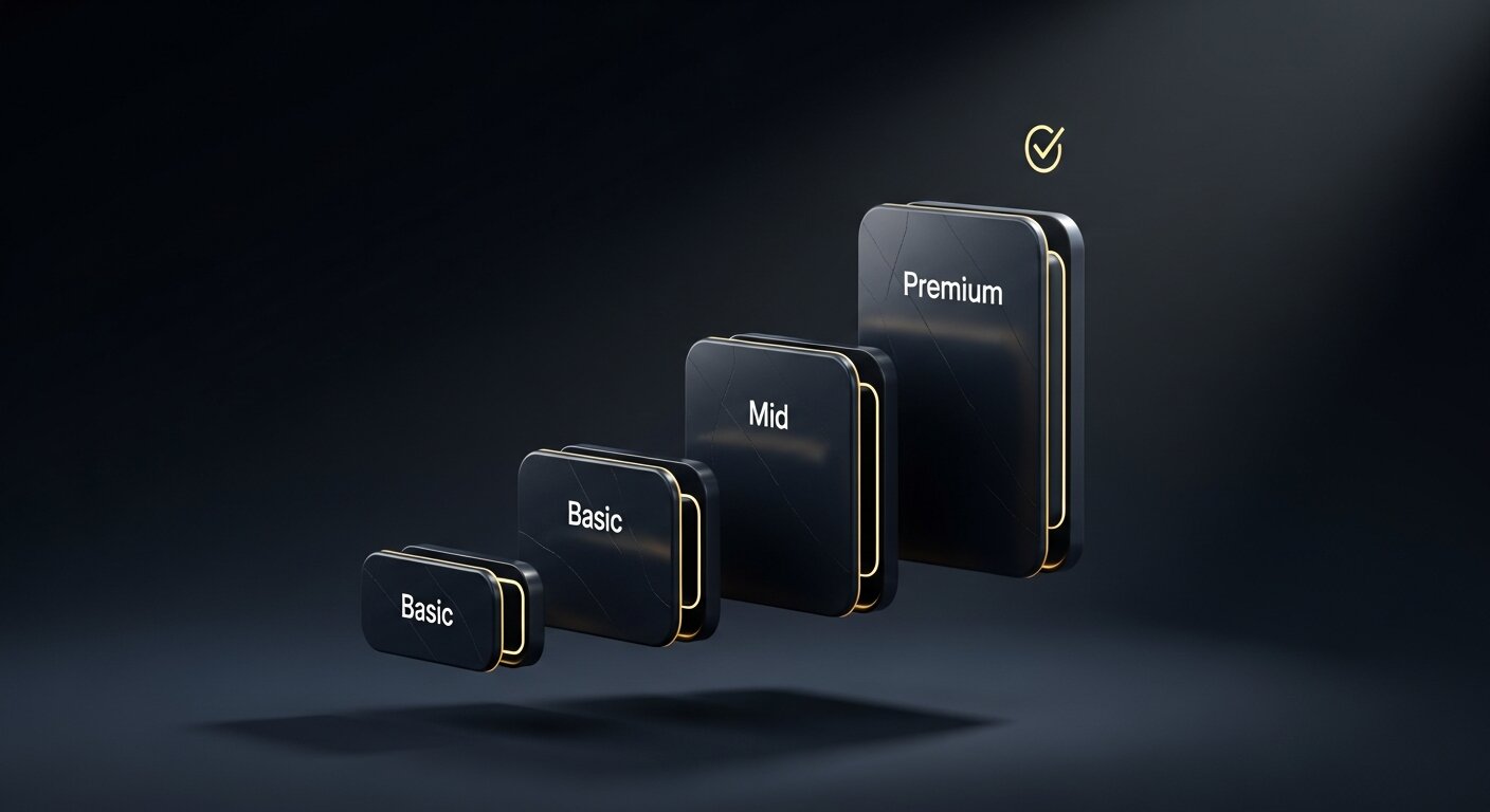 Trois cartes de forfaits Shopify de tailles croissantes (Basic, Mid, Premium) sur fond dark navy