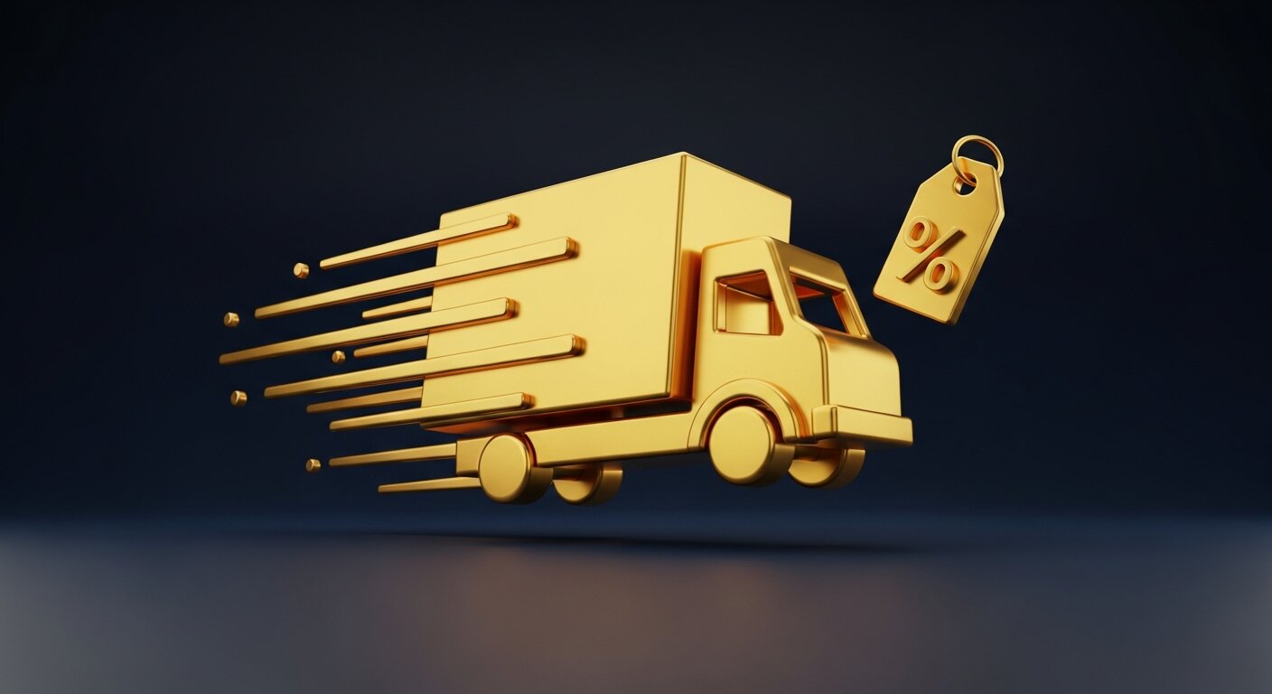 Camion de livraison doré avec étiquette de remise pour choisir sa stratégie de frais de port